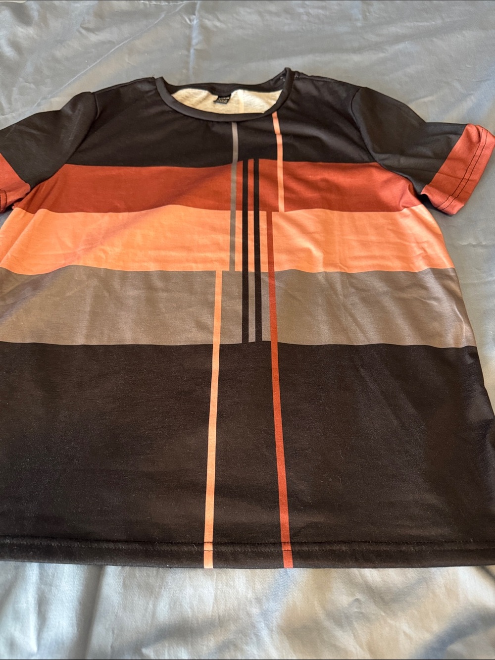SHEIN Black Tee with Rust, Peach and Gray Stripes